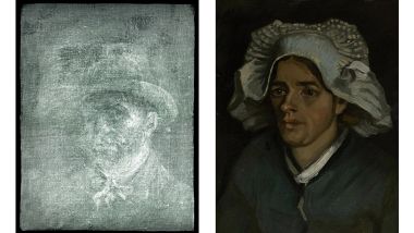Painting on the left shows self portrait of Van Gogh. On the right is the original painting of a Peasant Woman.
